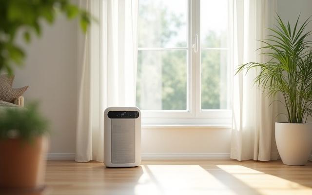 A modern, clean home environment with air purifier and natural light