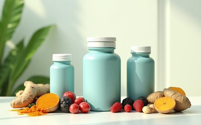 A variety of modern, clean supplement bottles and organic ingredients